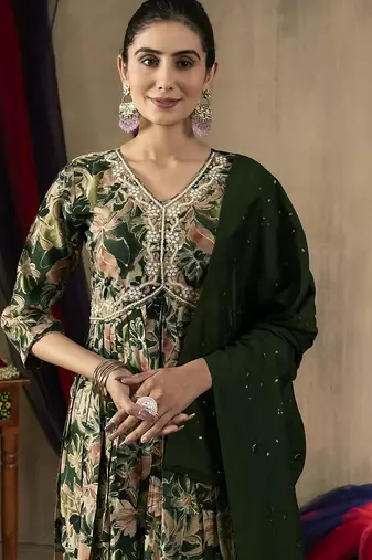 Green colour with embroidered work marin silk Kurta set for women