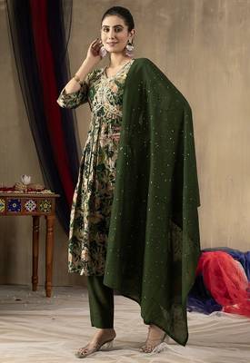 Green colour with embroidered work marin silk Kurta set for women 4