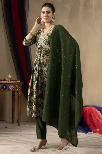 Green colour with embroidered work marin silk Kurta set for women