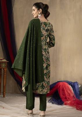 Green colour with embroidered work marin silk Kurta set for women 5