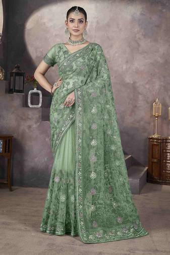 Green thread embroidered butterfly net saree