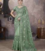 Green thread embroidered butterfly net saree
