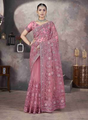 Pink thread embroidered butterfly net saree 1