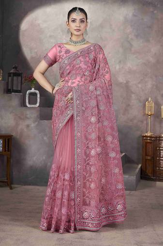 Pink thread embroidered butterfly net saree