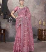 Pink thread embroidered butterfly net saree