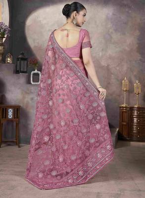 Pink thread embroidered butterfly net saree 3