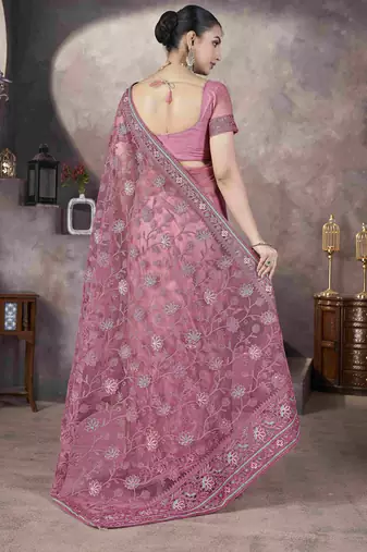 Pink thread embroidered butterfly net saree