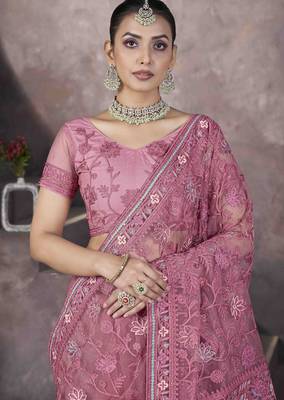 Pink thread embroidered butterfly net saree 4