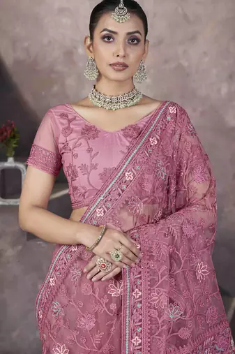 Pink thread embroidered butterfly net saree