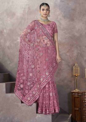 Pink thread embroidered butterfly net saree 5