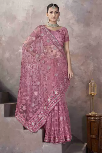 Pink thread embroidered butterfly net saree