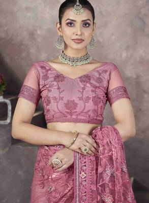 Pink thread embroidered butterfly net saree 6