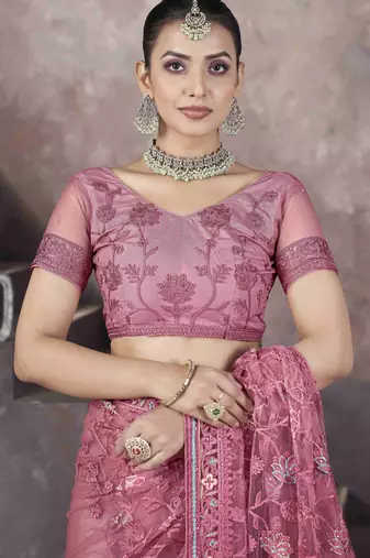 Pink thread embroidered butterfly net saree