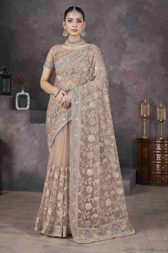 Beige thread embroidered butterfly net saree