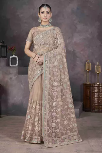 Beige thread embroidered butterfly net saree