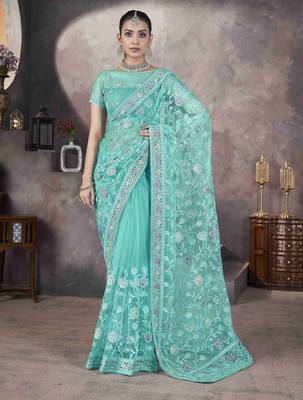 Sea green thread embroidered butterfly net saree 1
