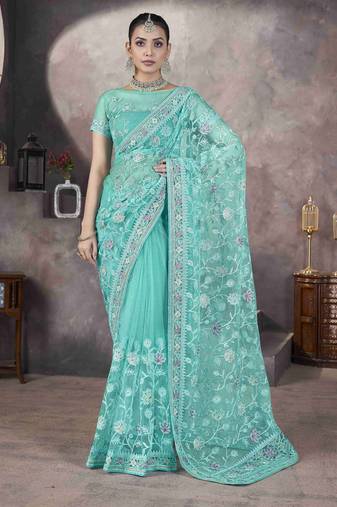 Sea green thread embroidered butterfly net saree