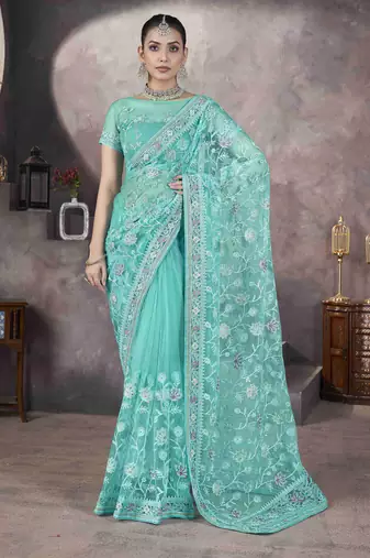 Sea green thread embroidered butterfly net saree