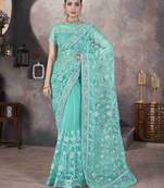 Sea green thread embroidered butterfly net saree