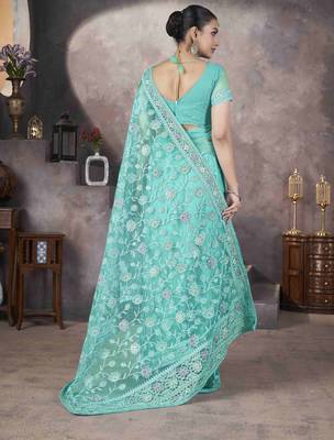 Sea green thread embroidered butterfly net saree 3