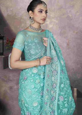 Sea green thread embroidered butterfly net saree 4