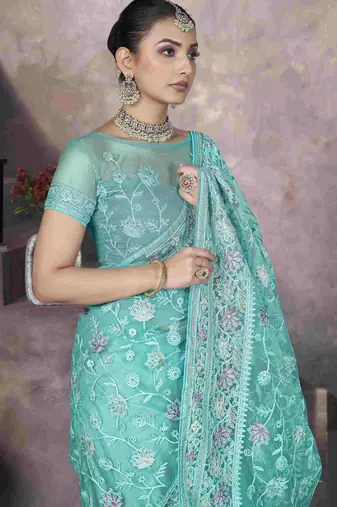 Sea green thread embroidered butterfly net saree