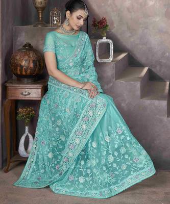 Sea green thread embroidered butterfly net saree 5