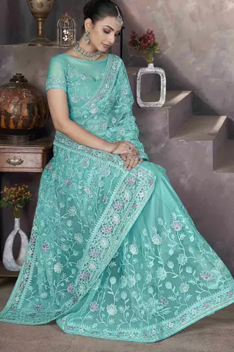 Sea green thread embroidered butterfly net saree