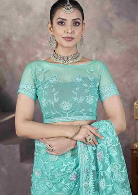 Sea green thread embroidered butterfly net saree 6