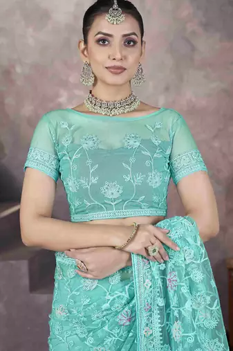 Sea green thread embroidered butterfly net saree