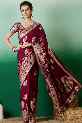 Maroon dola cotton woven meenakari saree