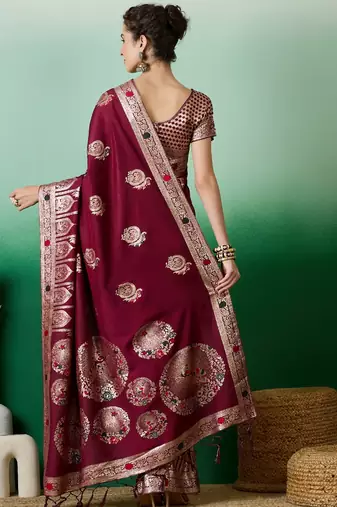 Maroon dola cotton woven meenakari saree