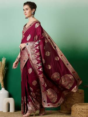 Maroon dola cotton woven meenakari saree 4