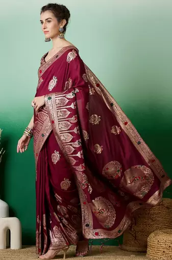Maroon dola cotton woven meenakari saree