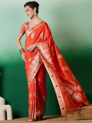 Orange dola cotton woven meenakari saree 1