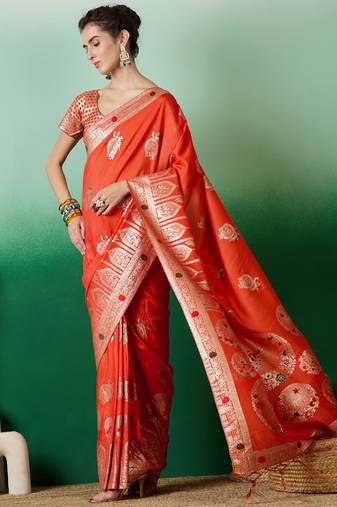 Orange dola cotton woven meenakari saree