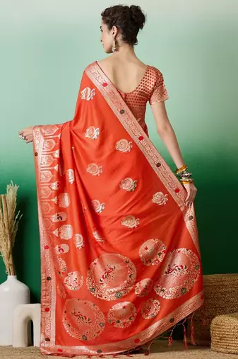 Orange dola cotton woven meenakari saree