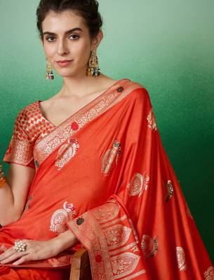Orange dola cotton woven meenakari saree 3