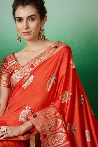 Orange dola cotton woven meenakari saree