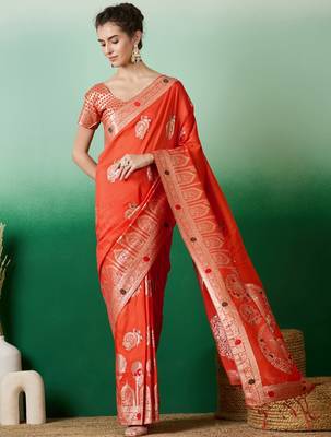 Orange dola cotton woven meenakari saree 4