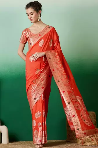Orange dola cotton woven meenakari saree