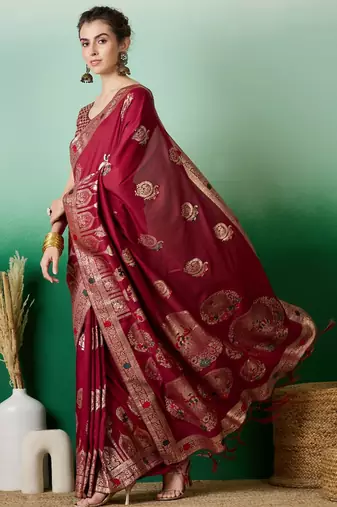 Red dola cotton woven meenakari saree