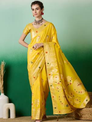 Yellow dola cotton woven meenakari saree 1