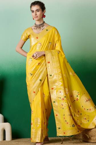 Yellow dola cotton woven meenakari saree