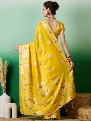 Yellow dola cotton woven meenakari saree 2