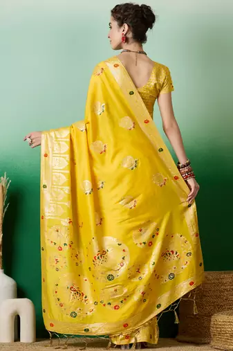 Yellow dola cotton woven meenakari saree