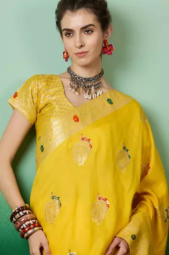 Yellow dola cotton woven meenakari saree