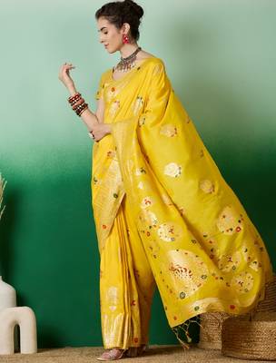 Yellow dola cotton woven meenakari saree 4