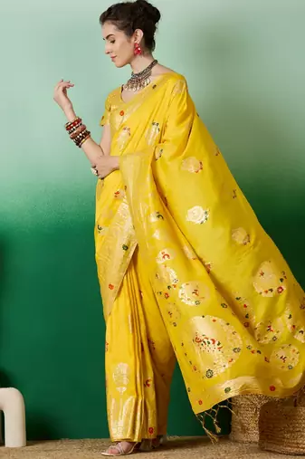 Yellow dola cotton woven meenakari saree