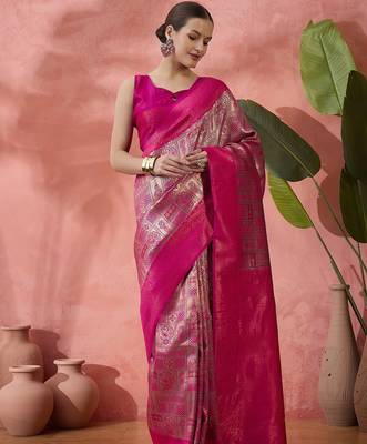Pink woven zari silk blend saree 1